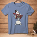 Blue t-shirt with a snowman playing an accordion with text "FEEL THE MUSIC".