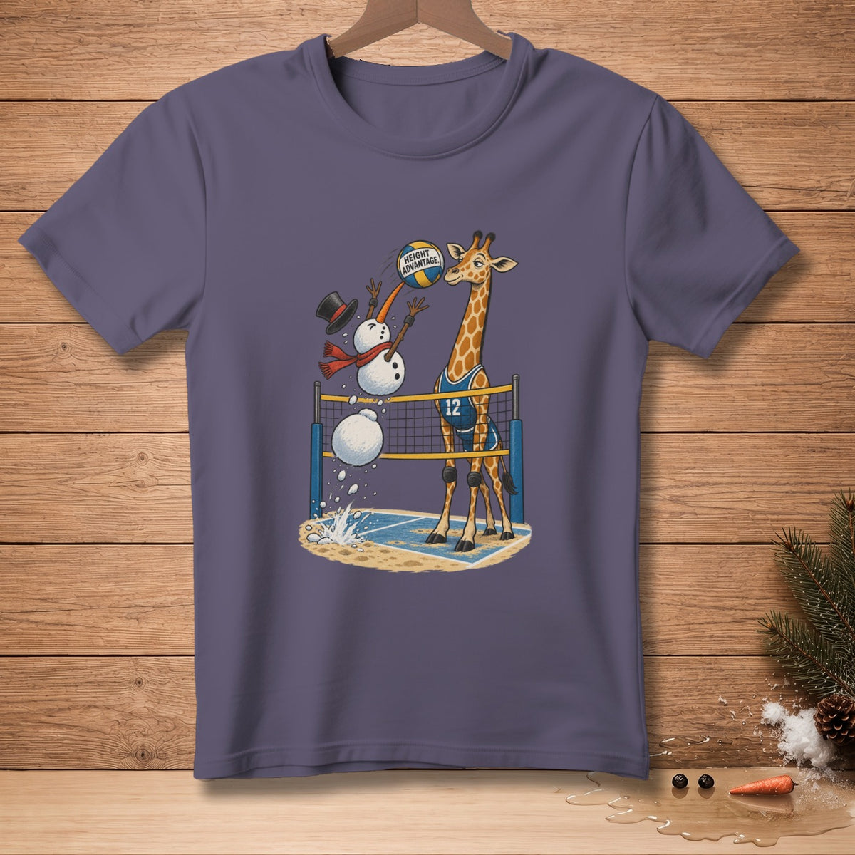 Giraffe playing volleyball against snowmen on court, "HEIGHT ADVANTAGE" on ball.