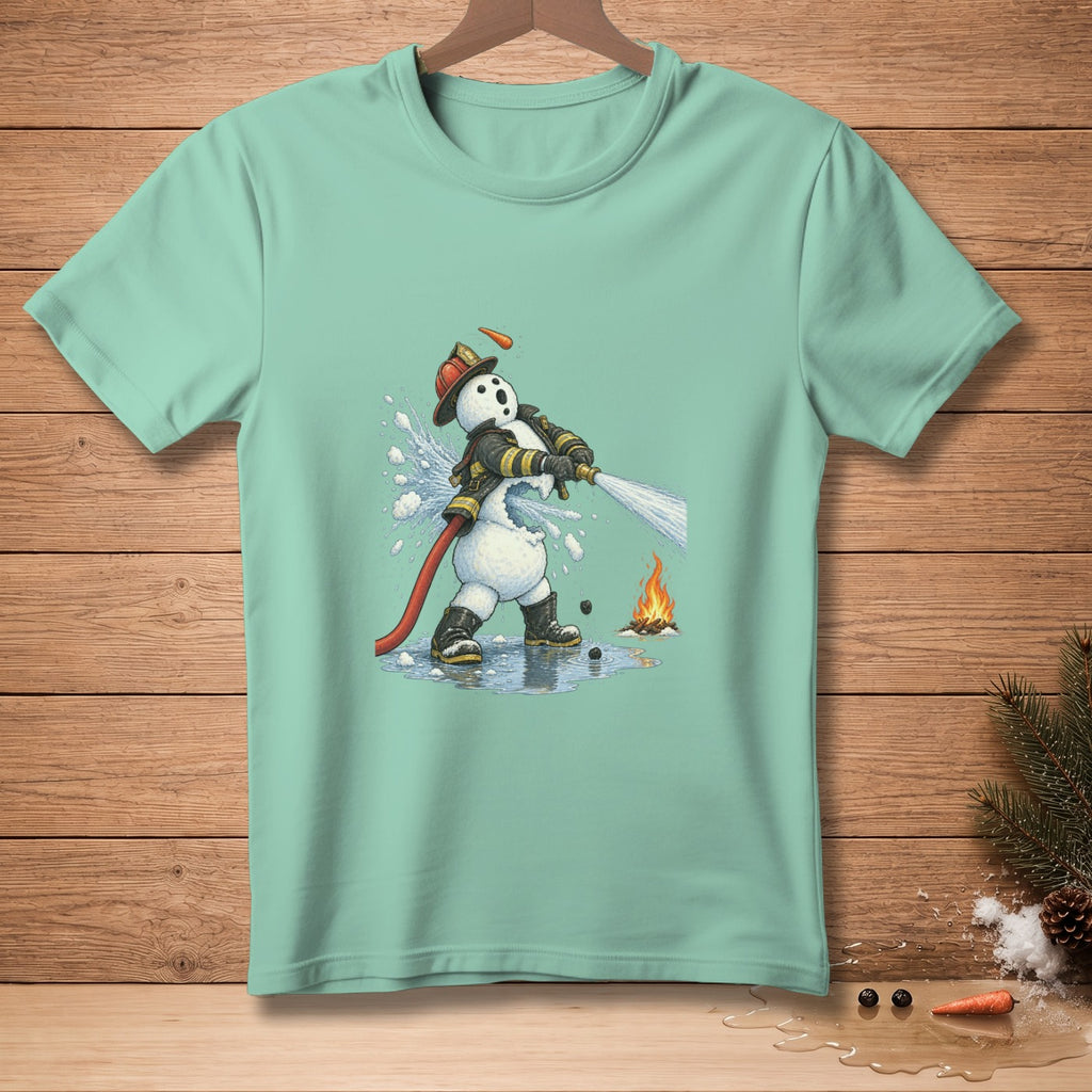 Snowman firefighter spraying water on a small campfire.