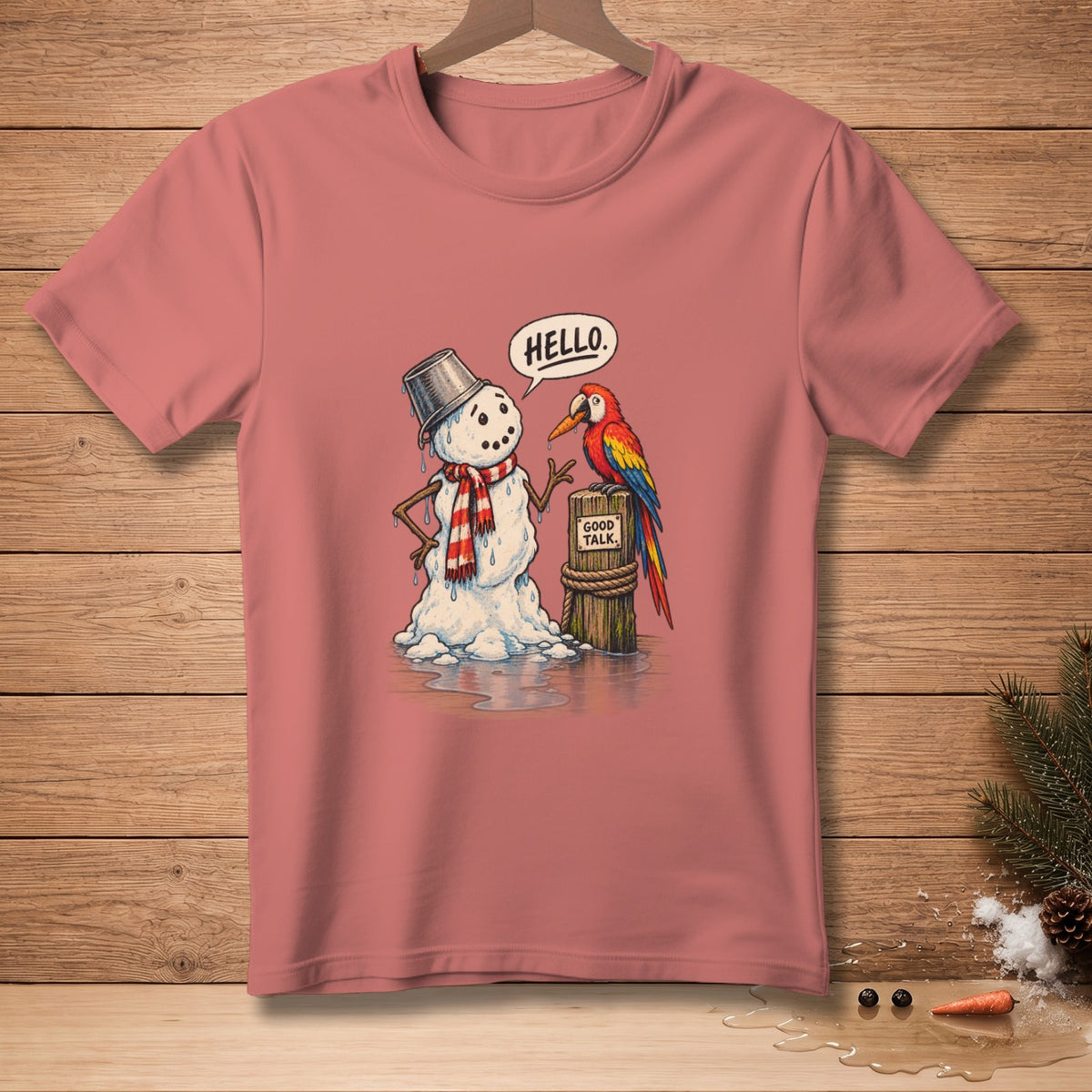 Snowman with bucket hat and scarf talks to a parrot saying "Hello" and "Good Talk."