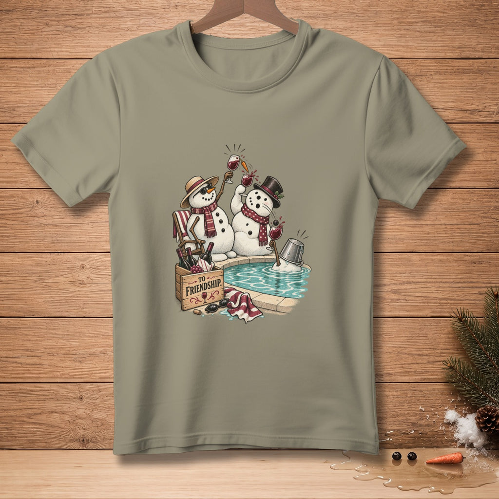 T-shirt with cartoon snowmen toasting in a hot tub with wine.