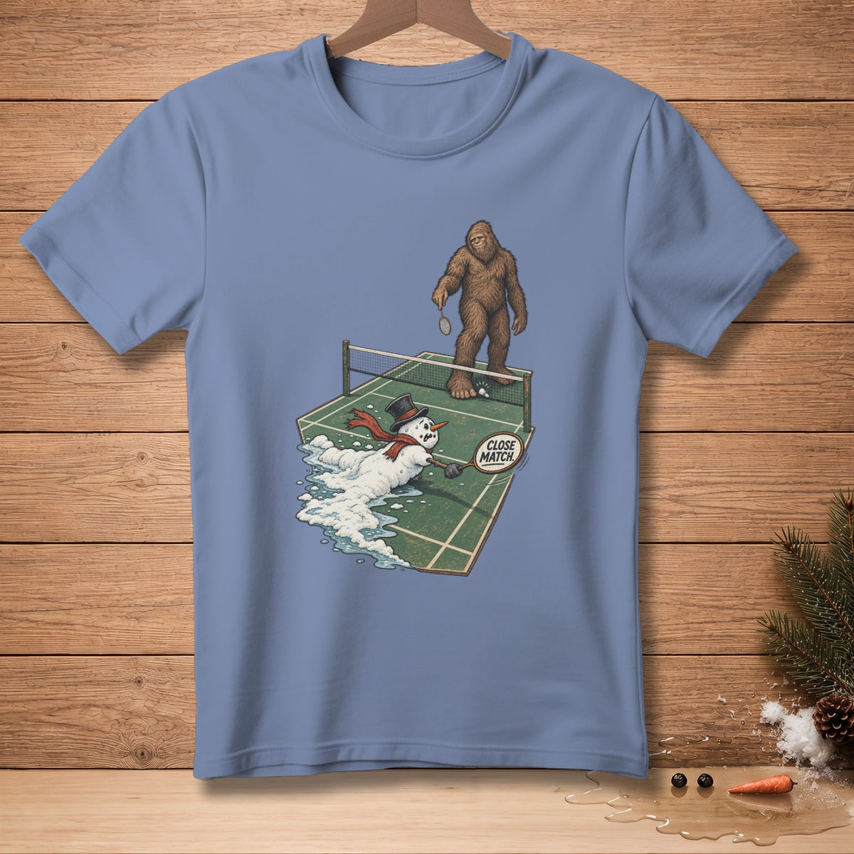 Bigfoot playing tennis against a melting snowman on a green court.