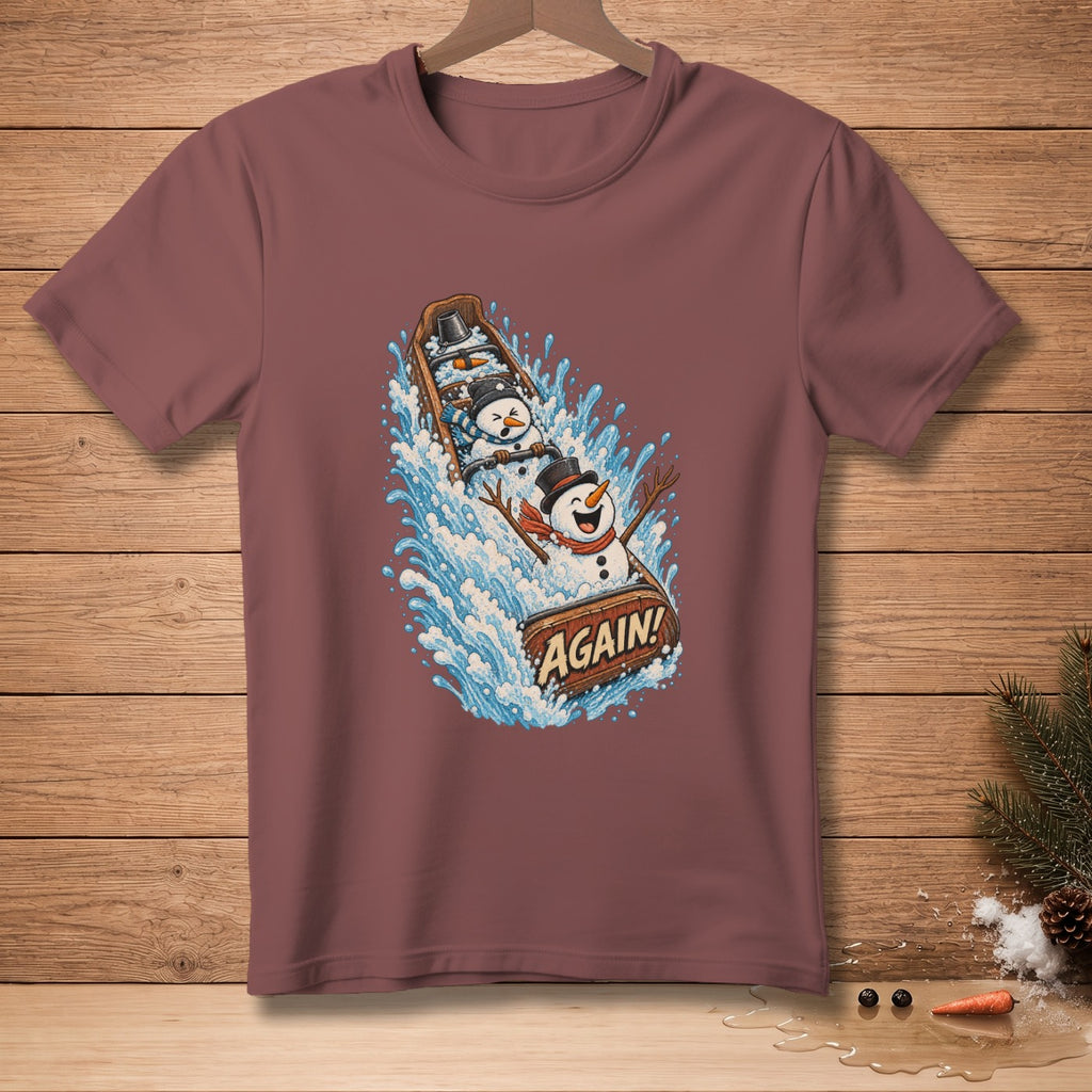 Snowmen in a boat with "AGAIN!" text on a maroon t-shirt.