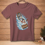 Snowmen in a boat with "AGAIN!" text on a maroon t-shirt.