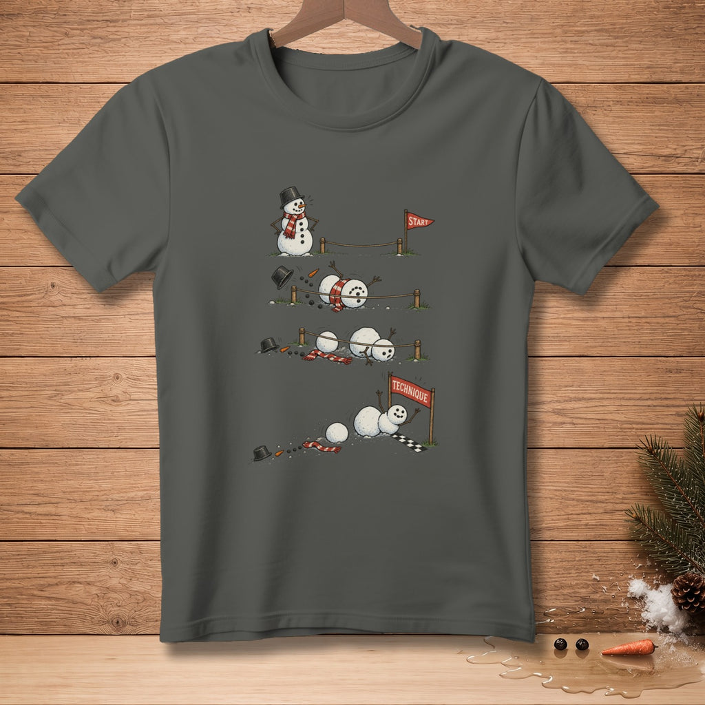T-shirt graphic of snowmen failing at a race, with "Start" and "Technique" signs.