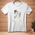 Melting snowman in top hat holds SPF 100 sunscreen bottle.