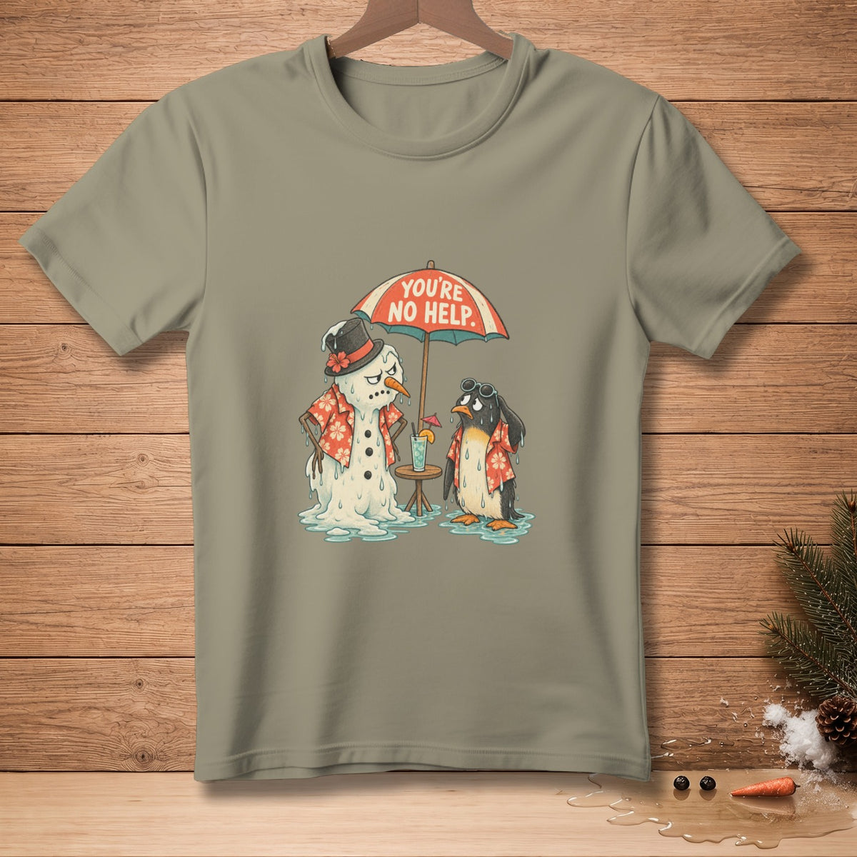 Melting snowman and penguin under umbrella with text "You're No Help."