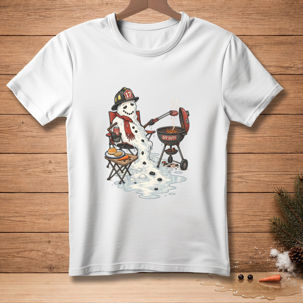 Snowman grilling burgers in a firefighter helmet with "OFF DUTY" text.