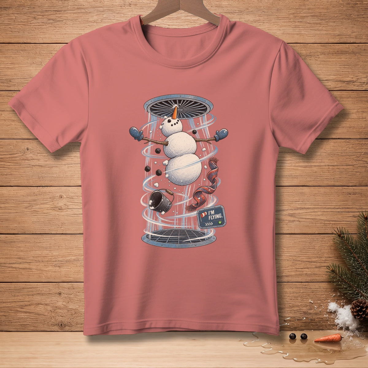 Snowman in a wind tunnel with scarf, bucket, and "I'M FLYING" sign.
