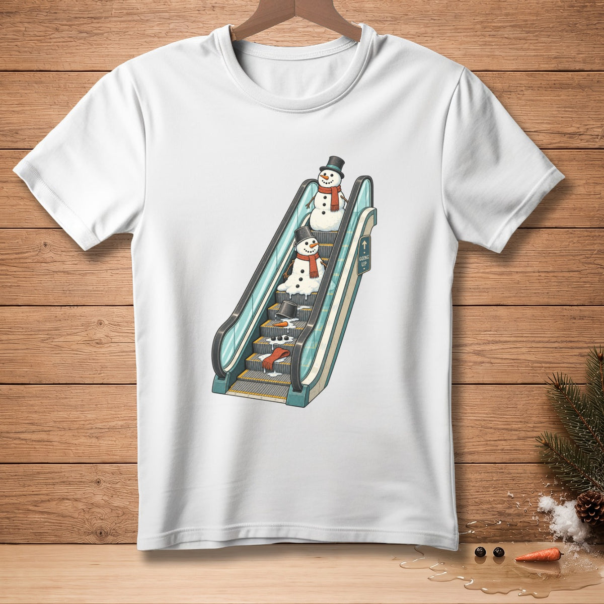 Two melting snowmen ascend an escalator with a "Going Up" sign.