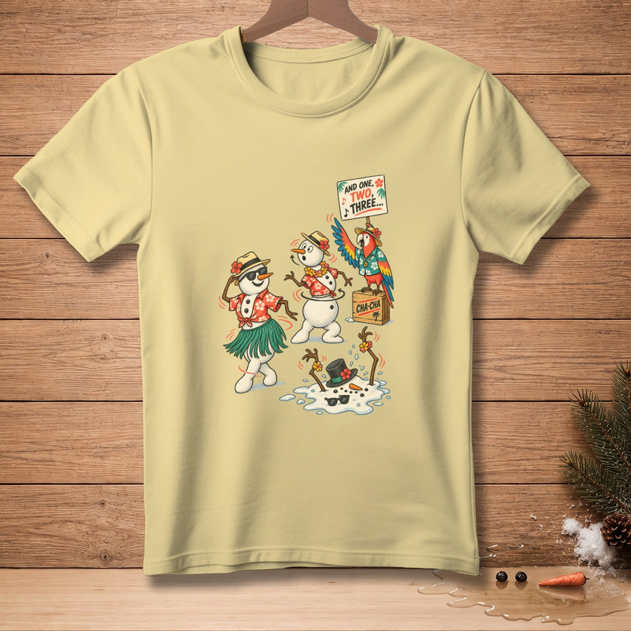 Snowmen in Hawaiian attire dancing with a parrot and a sign reading "AND ONE, TWO, THREE..."