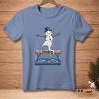 Snowman doing a gymnastics balance beam pose with "STICK IT" text.
