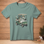 Snowmen in a golf cart with a "Hole 2" card.