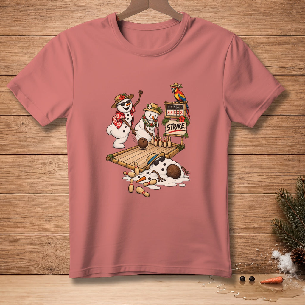 Snowmen playing bowling with a parrot and "STRIKE" text on a t-shirt.