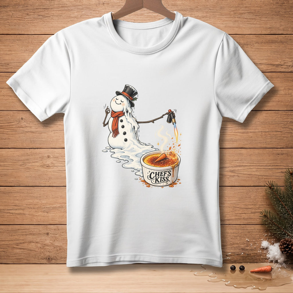 Melting snowman with top hat and scarf torches creme brulee with "Chef's Kiss."