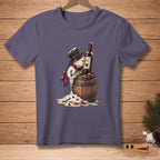 Snowman in hat and scarf drinks wine from barrel, melting onto the ground.