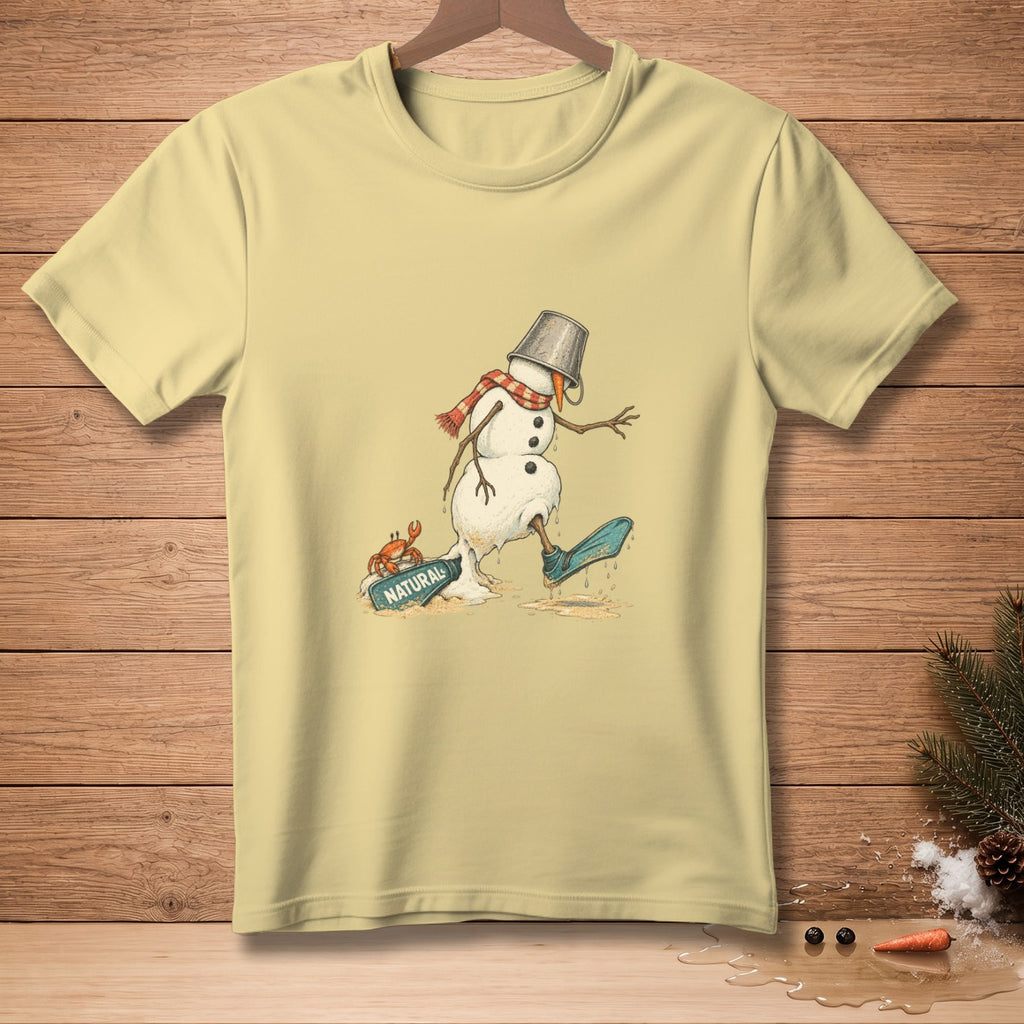 Light yellow t-shirt with melting snowman graphic, bucket hat, and scarf.