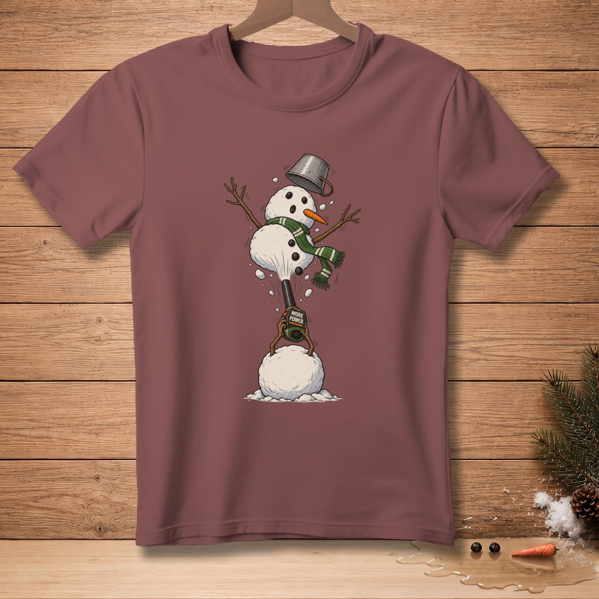 Snowman with a bucket on its head and a "More Power" cannon shooting snow.