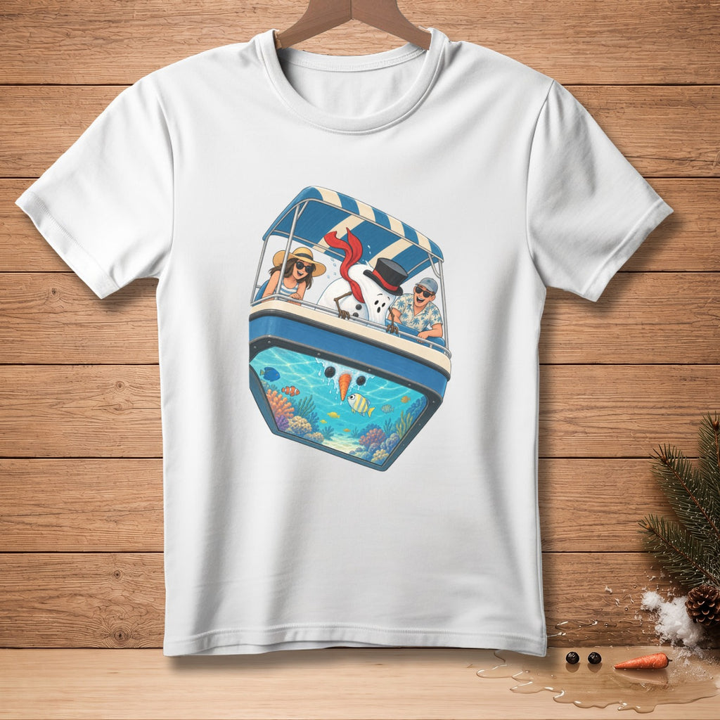 Snowmen in a boat with people above an aquarium with fish and coral.