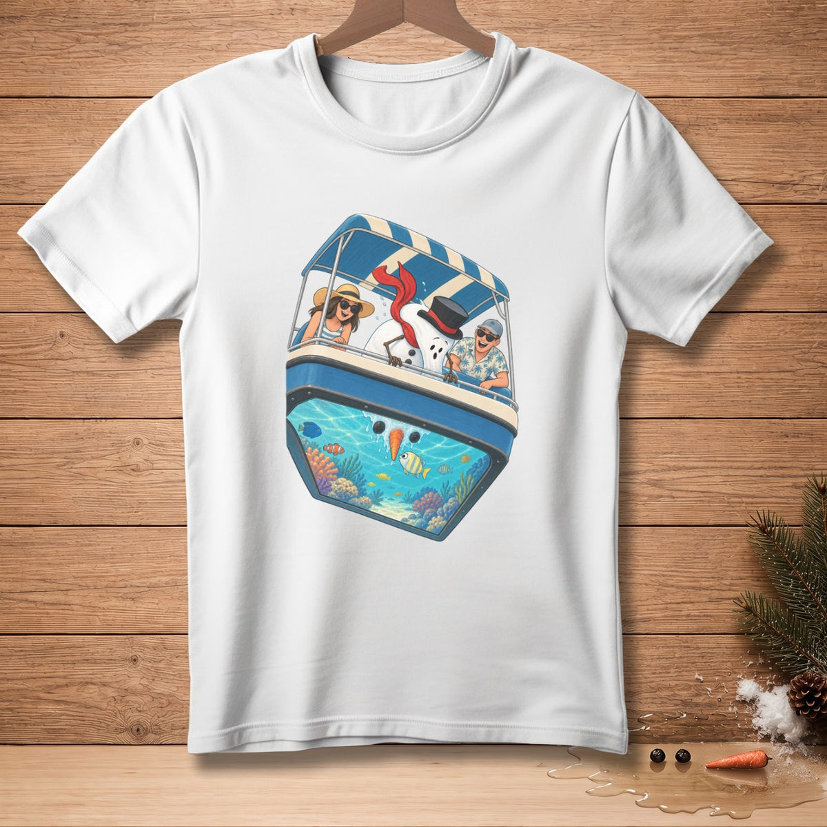 Snowmen in a boat with people above an aquarium with fish and coral.
