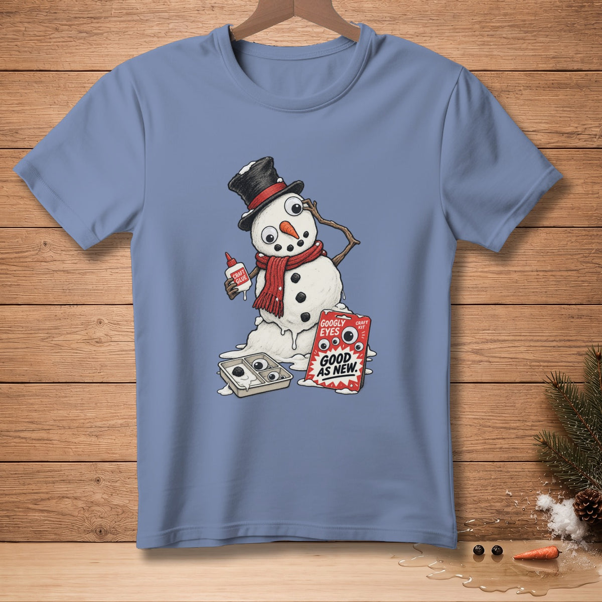 Snowman with craft glue and googly eyes kit, reads "Good As New."