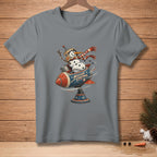 Gray t-shirt with snowman in rocket graphic that reads "Mission Control."