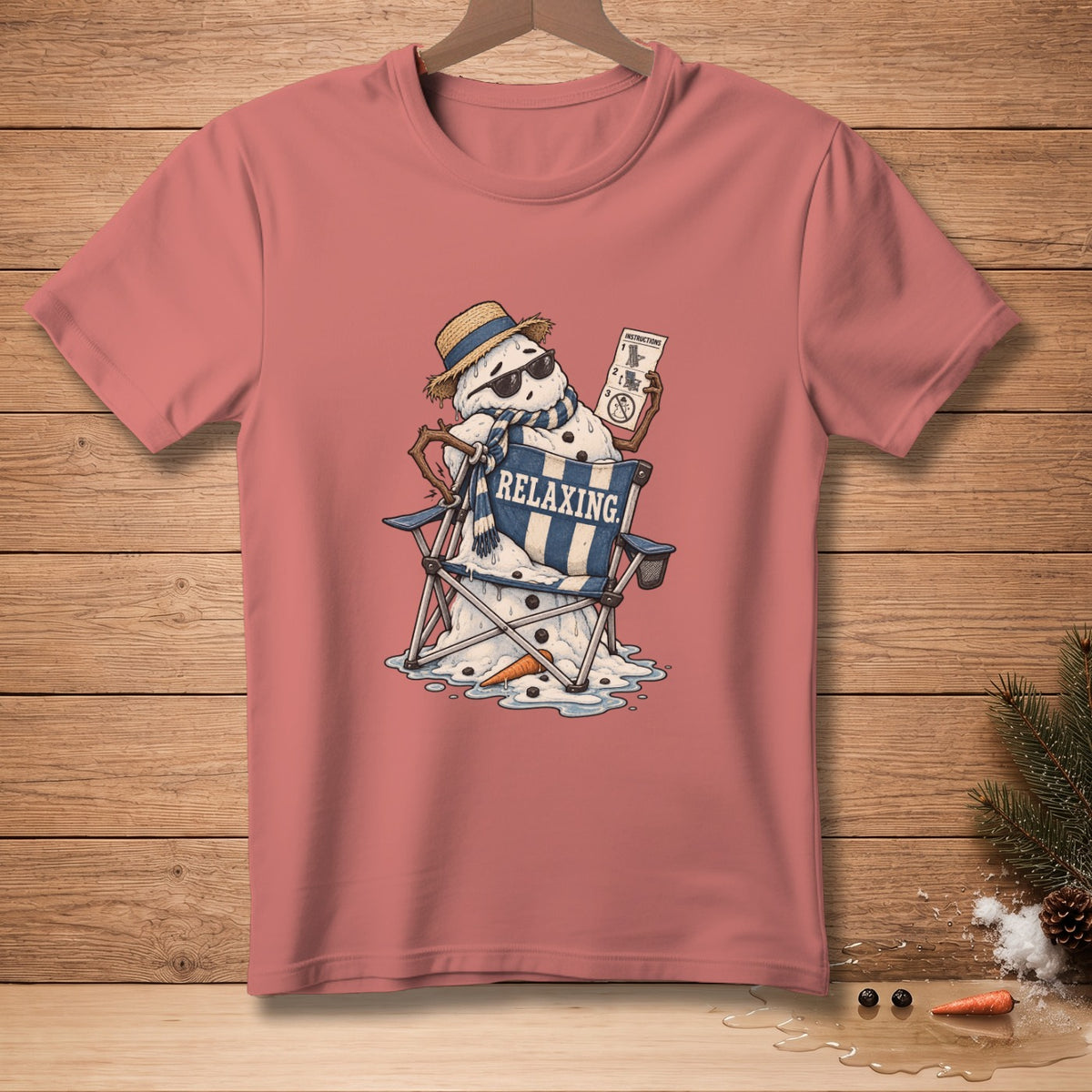 Melting snowman wearing sunglasses and hat, holding instructions, sitting in a lounge chair.