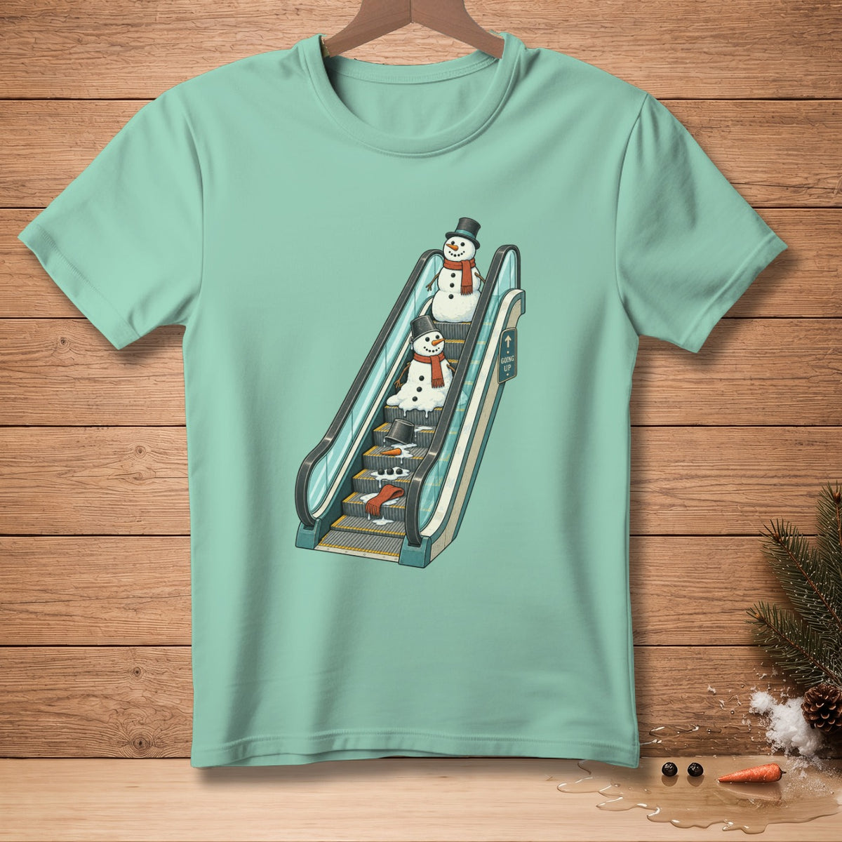 Two snowmen with hats and scarves ride a melting escalator, with carrots and melted snow.