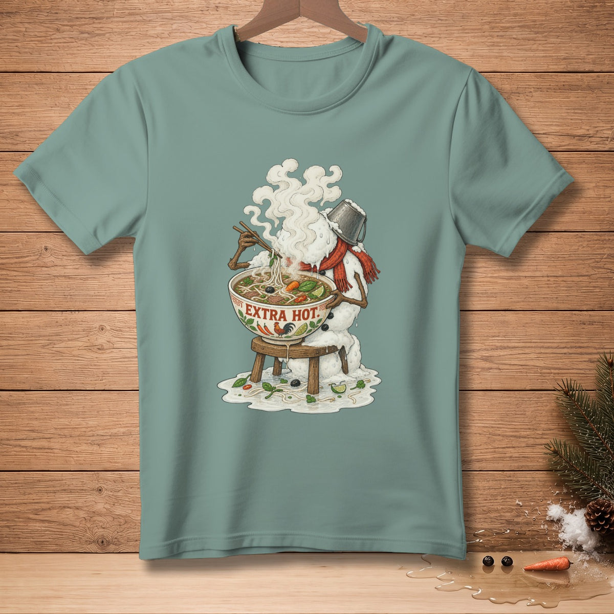 T-shirt with snowman eating hot pho, reads "EXTRA HOT."