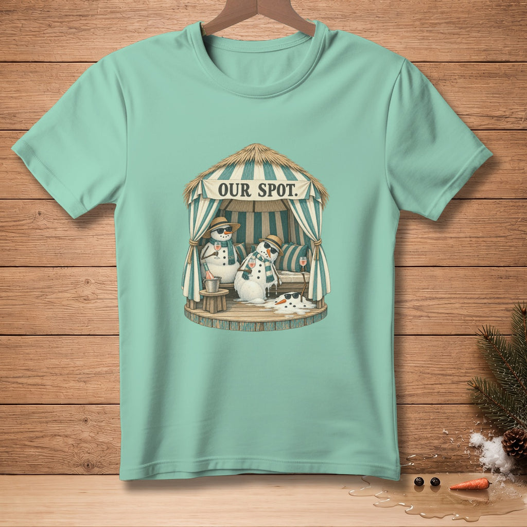 T-shirt with snowmen under a cabana that reads "OUR SPOT".
