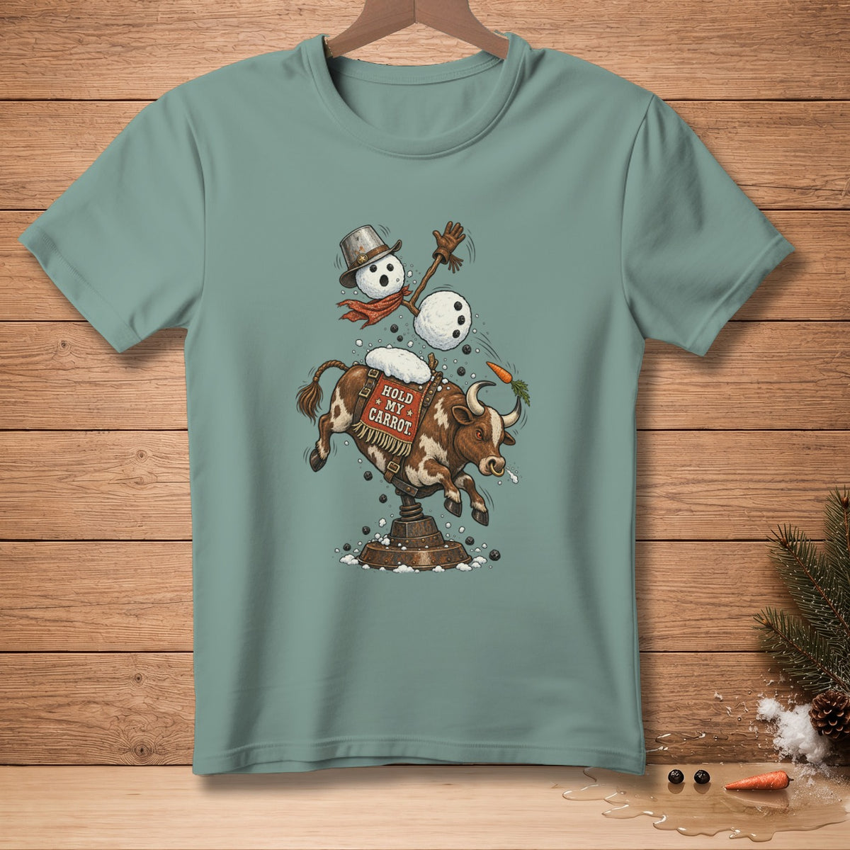Snowman riding a bucking bull with "Hold My Carrot" saddle pad.