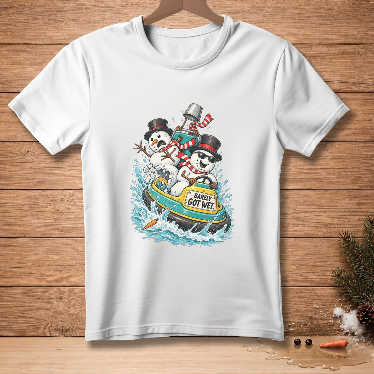 Snowmen in a jet ski with the text "Barely Got Wet".