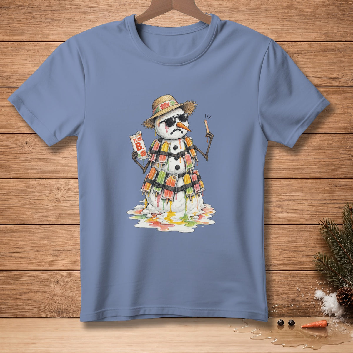Melting snowman wearing sunglasses and a straw hat, holding "PLAN B."