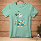 Snowman cannonballing into pool with life preserver that says CANNONBALL!