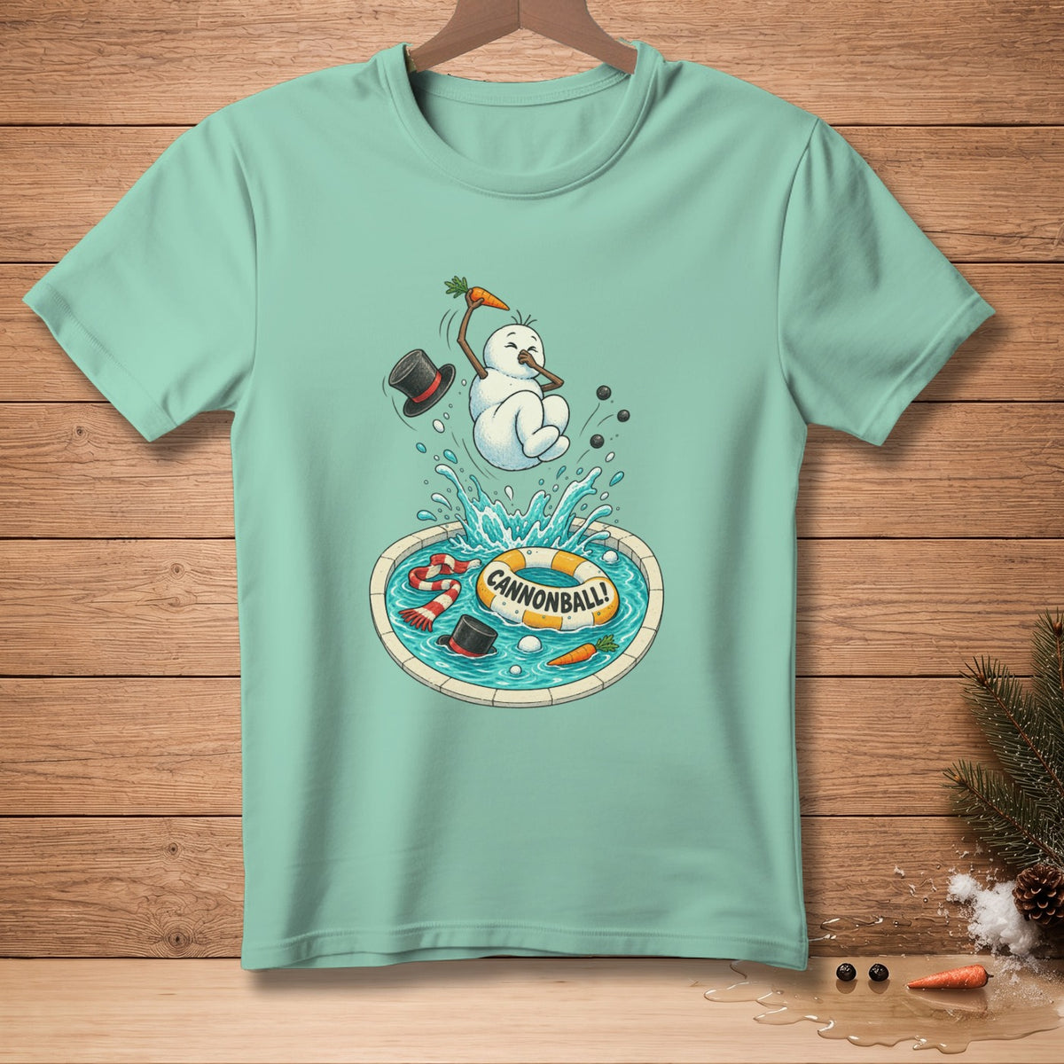 Snowman cannonballing into pool with life preserver that says CANNONBALL!