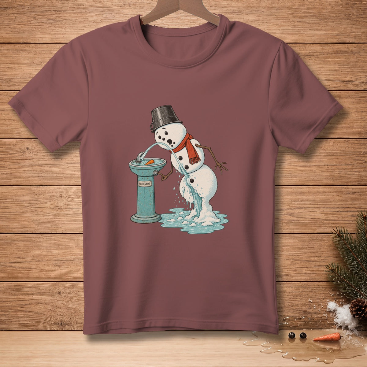 Melting snowman drinking from a fountain labeled "REFRESHING."