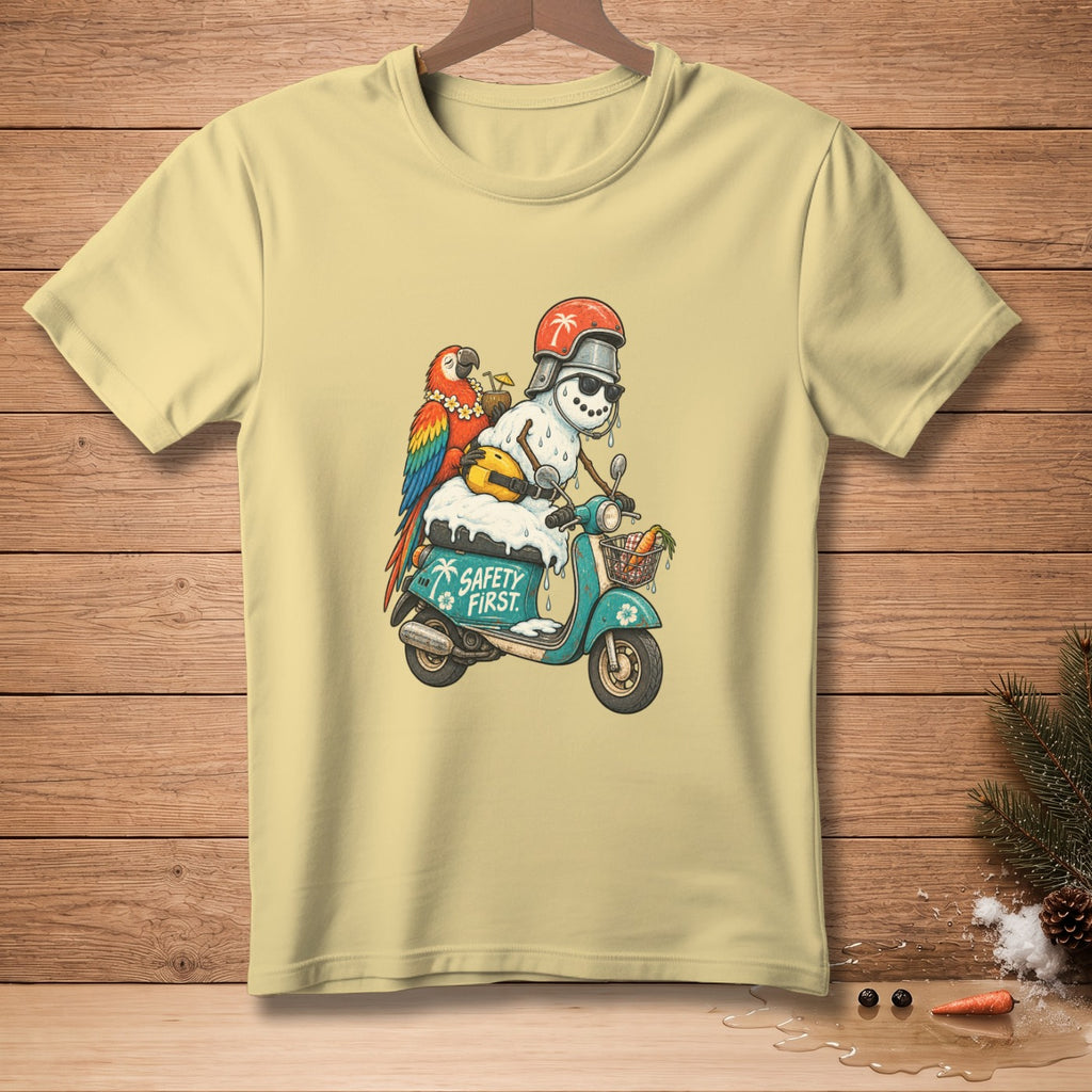 Snowman riding turquoise scooter with parrot, "Safety First" text on scooter.