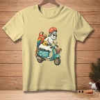Snowman riding turquoise scooter with parrot, "Safety First" text on scooter.