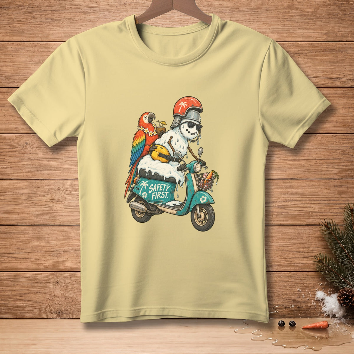 Snowman riding turquoise scooter with parrot, "Safety First" text on scooter.
