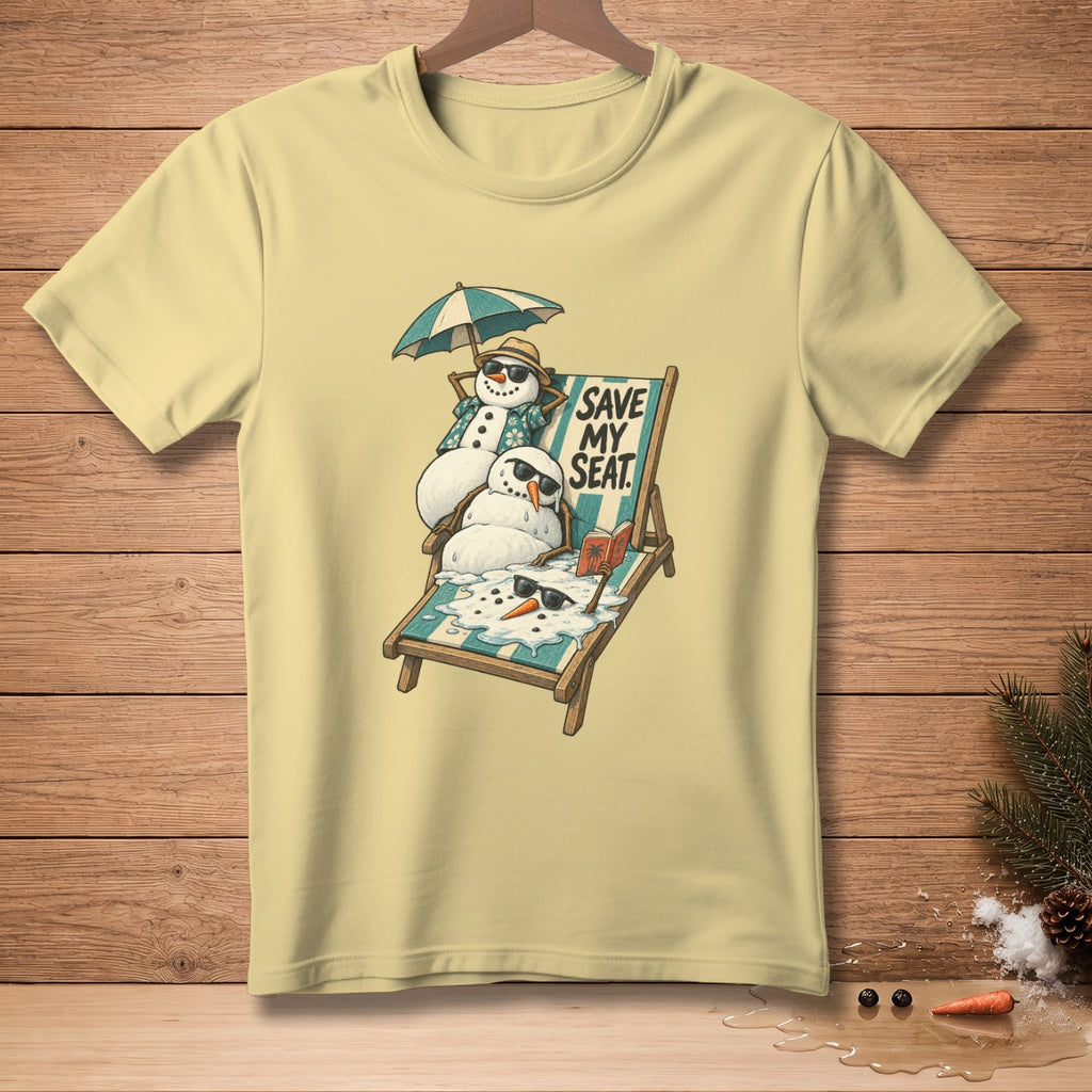 Two melting snowmen relax on a striped beach chair under an umbrella with text "SAVE MY SEAT."