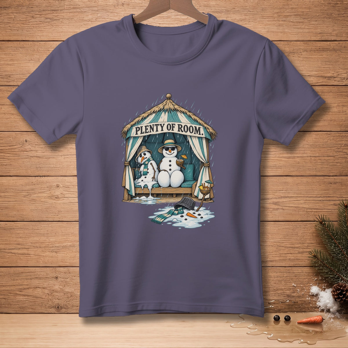 Two melting snowmen sit under a thatched roof shelter with text "PLENTY OF ROOM."