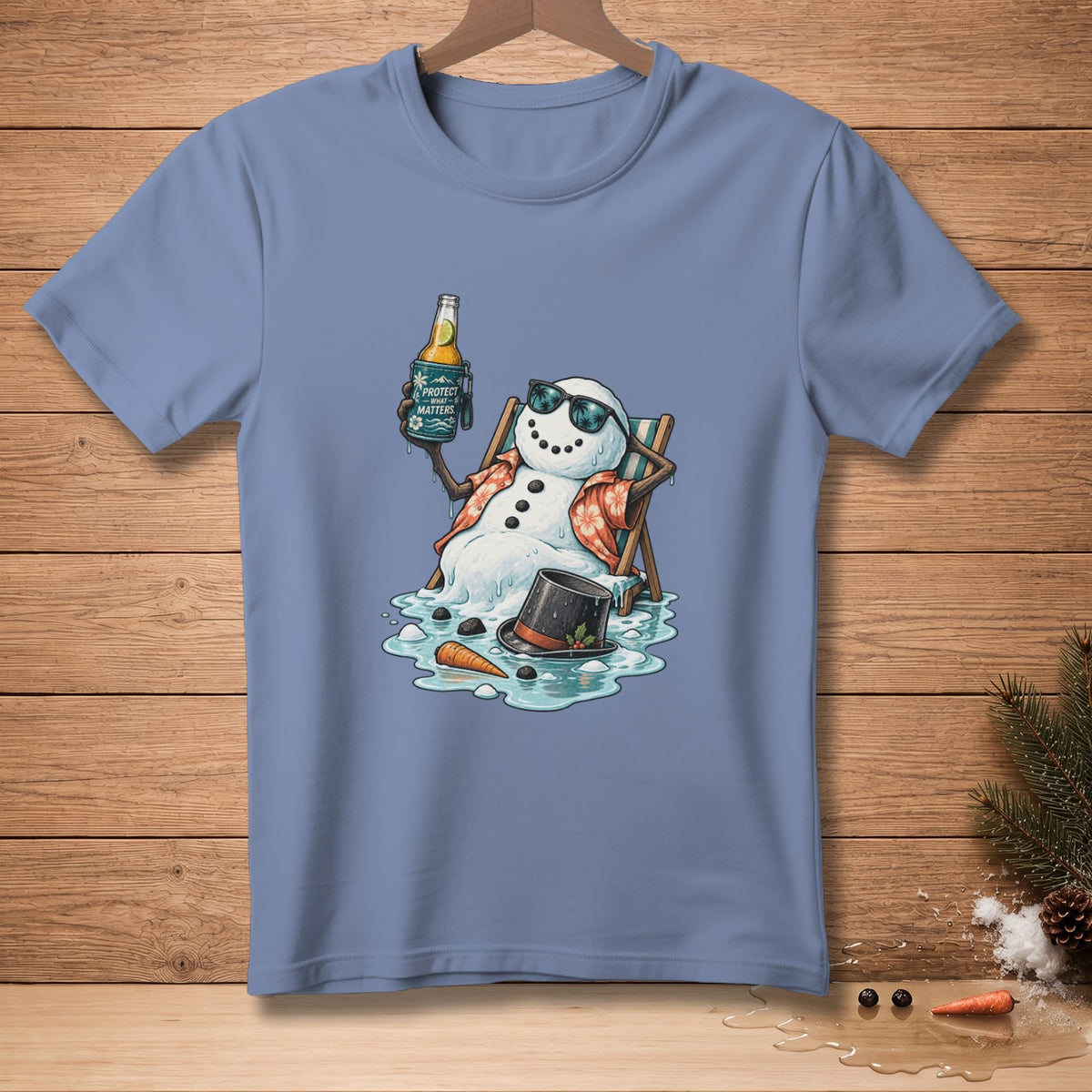Snowman in beach chair holding beer bottle with "Protect What Matters" text.