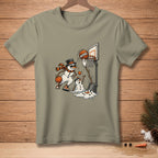 Snowmen play basketball, one melting after a dunk, text "DEFENSE" on ball.