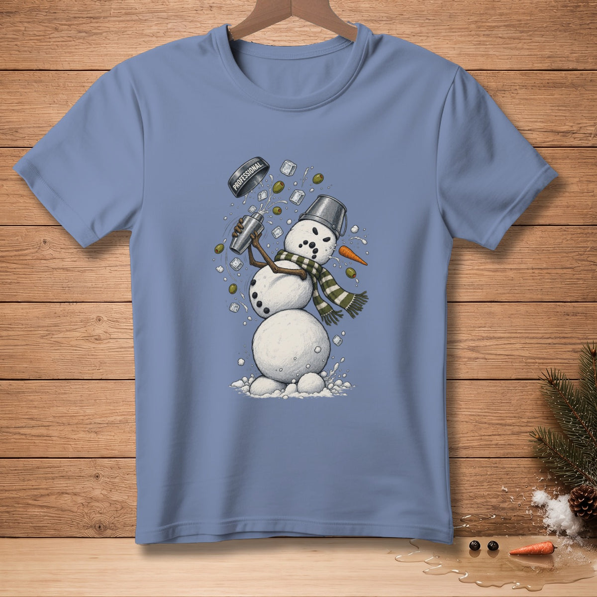 Snowman with bucket head shaking cocktail shaker, olives, and ice.