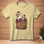 Light yellow t-shirt with cartoon snowmen in a barrel of grapes, reading "Small Batch".