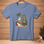 Tyrannosaurus rex shares carrots with a melting snowman on a beach picnic.