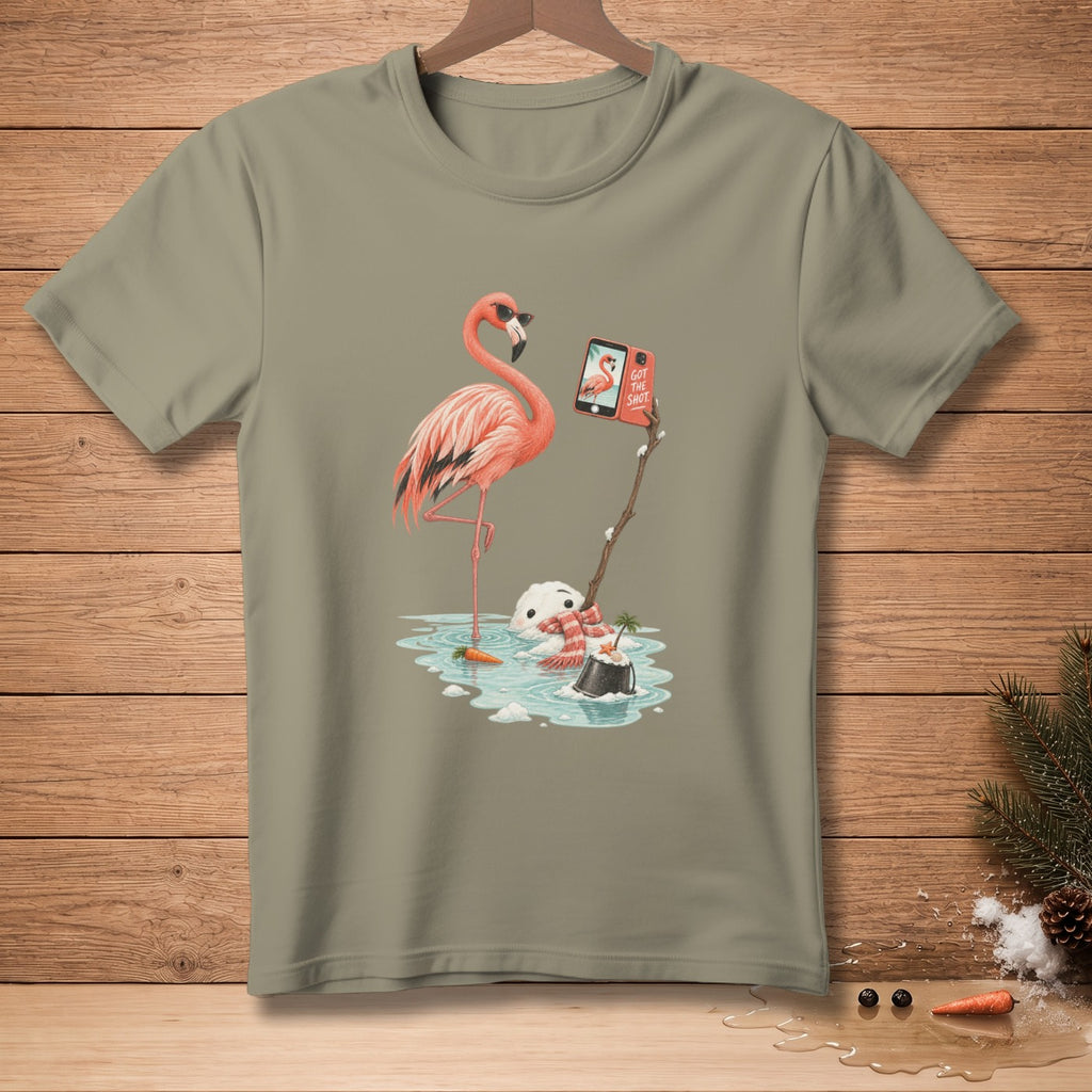 Flamingo with sunglasses takes a selfie with melting snowman in a puddle.
