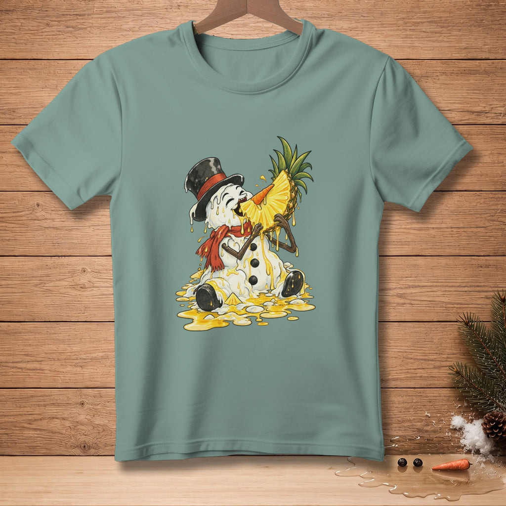 Melting snowman wearing a hat and scarf eats a slice of pineapple.