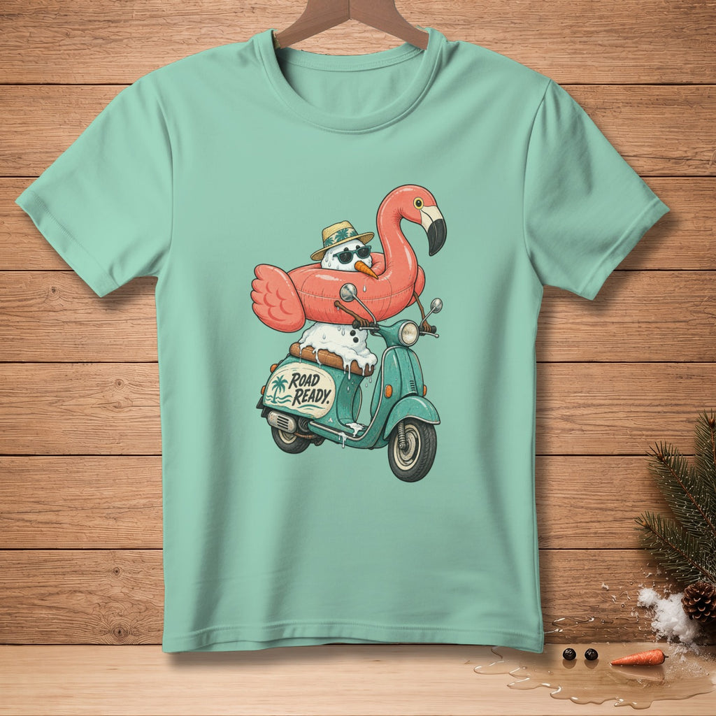 Snowman on a scooter with flamingo float, says "Road Ready"