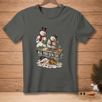 Snowmen at a buffet with text "ALL YOU CAN EAT" on a t-shirt.